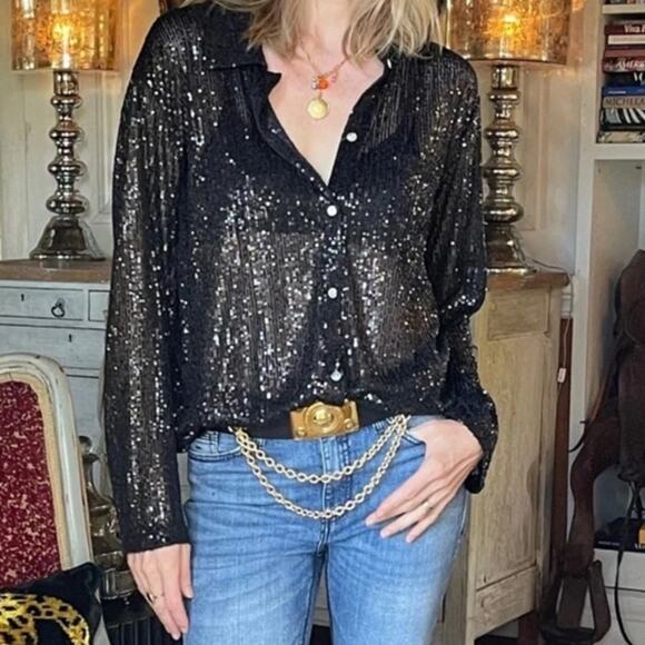 Porter Collective Sequins Townes Sheer Button Front Long Sleeve Blouse Black L - Picture 1 of 8
